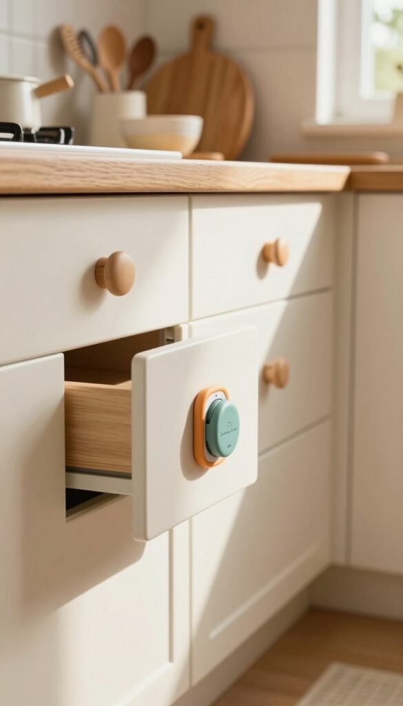 A cozy kitchen scene featuring various secured drawers and cabinets, focusing on safety locks and childproofing solutions by the brand "Ordnungskiste". In the foreground, showcase a close-up of an innovative drawer lock, highlighting its design, color, and functionality. The middle ground displays multiple cabinets with visible locks, arranged aesthetically to reflect a safe environment for children. In the background, softly lit warm wood tones enhance the inviting atmosphere, with hands-on parenting items like utensils and bowls subtly integrated. The lighting is natural, with gentle sunlight streaming in through a window, creating a warm ambiance. The overall mood is familial and secure, perfect for raising children in a well-organized kitchen.