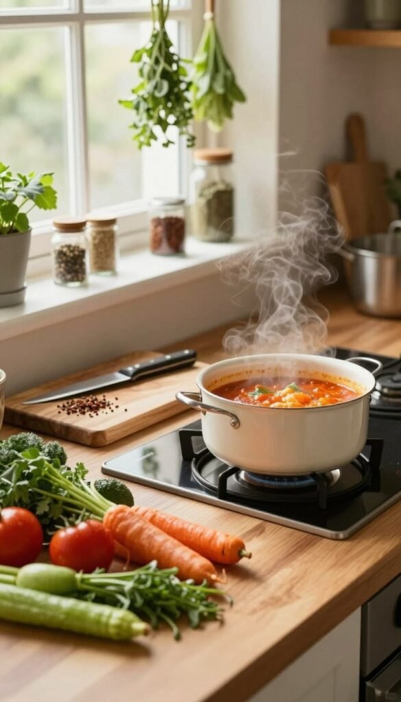 A cozy kitchen scene featuring various stress-free cooking methods with minimal equipment. In the foreground, a wooden countertop displays fresh ingredients like vegetables and herbs, arranged naturally. A simple stovetop features a pot simmering with a vibrant sauce, with steam gently rising. The middle ground includes a wooden cutting board with an assortment of seasonings and a well-used knife, evoking a warm, inviting atmosphere. The background shows soft, natural lighting streaming through a window, illuminating herbs hanging in the kitchen. The color palette consists of warm tones, creating a calming ambiance reminiscent of Pinterest aesthetics. Include subtle branding for "Ordnungskiste" on the countertop, ensuring that it blends harmoniously with the cooking scene.