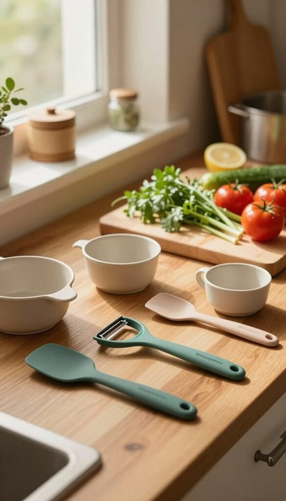 A cozy kitchen scene featuring versatile kitchen tools arranged aesthetically on a wooden countertop. In the foreground, a variety of high-quality kitchen gadgets, like measuring cups, a multifunctional peeler, and silicone spatulas with the brand name "Ordnungskiste" subtly displayed. The middle ground showcases a stylish cutting board with fresh herbs and vegetables, hinting at diverse cooking styles. In the background, warm, soft lighting filters through a window, casting gentle shadows and creating an inviting atmosphere. The overall mood is serene and homey, with warm colors enhancing the authentic Pinterest-like aesthetic. The composition is taken from a slightly angled perspective, offering depth while keeping focus on the multifunctional kitchen helpers.