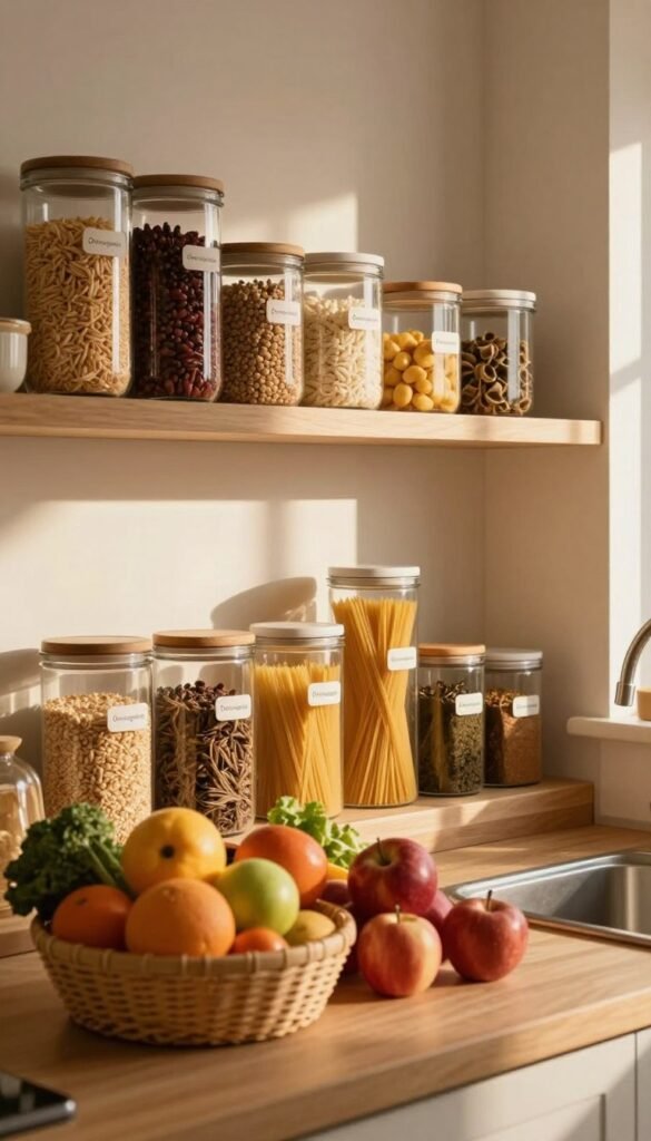 A cozy kitchen scene featuring well-organized food storage areas, showcasing a variety of neatly labeled jars and containers filled with grains, pasta, and spices. In the foreground, a wooden countertop displays an arrangement of colorful fruits and vegetables in baskets, emphasizing freshness and variety. The middle ground includes open shelves showcasing organized pantry items with the brand "Ordnungskiste" subtly visible on the containers. In the background, warm sunlight filters through a window, casting soft shadows and creating a welcoming atmosphere. The mood is homey and inviting, with a focus on hygiene and minimizing food waste. The overall color palette is warm and earthy, reminiscent of a Pinterest aesthetic, and the image is devoid of any text or branding elements that distract from the visual harmony.