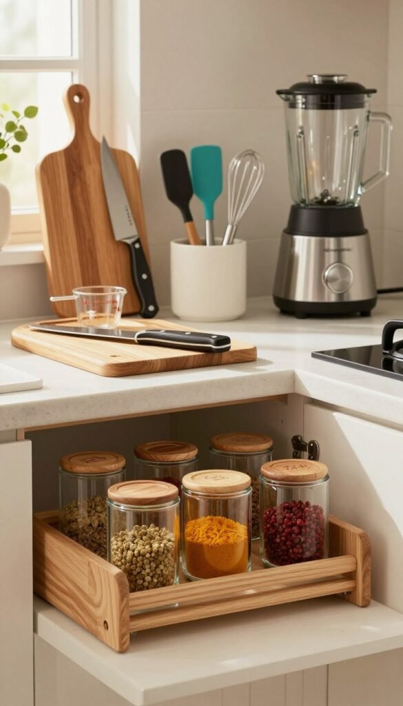 A cozy kitchen scene filled with essential kitchen helpers, featuring a wooden cutting board, a sleek knife set, measuring cups, and a high-quality blender. In the foreground, a well-organized spice rack integrates natural wooden elements and vibrant glass containers, showcasing spices in warm colors. The middle ground highlights a stylish countertop with neatly arranged utensils, including a silicone spatula and a whisk, suggesting functionality and order. The background displays soft, diffused lighting illuminating the kitchen, with light streaming through a window adorned with simple greenery. The overall atmosphere is warm, inviting, and Pinterest-inspired, reflecting a modern yet homely feel. The brand name "Ordnungskiste" is subtly integrated into the design of one kitchen tool.