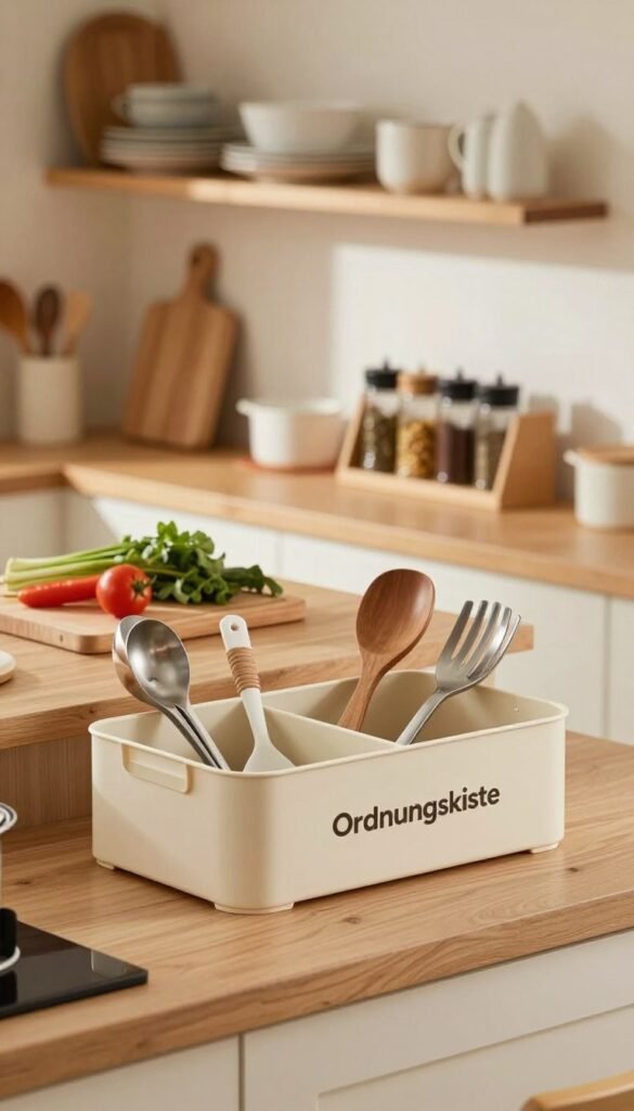A cozy kitchen scene filled with natural light, showcasing a well-organized countertop. In the foreground, a stylish "Ordnungskiste" storage box holds various kitchen utensils, adding a touch of organization. The middle ground features a wooden cutting board with fresh vegetables and a neatly arranged spice rack. In the background, a softly lit shelf displays neatly stacked dishes and cookbooks, creating an inviting atmosphere. The color palette consists of warm tones, enhancing the homely vibe. Use a subtle bokeh effect to focus on the foreground while maintaining the kitchen's details in soft focus. The image should convey a sense of calm amidst the chaos of cooking, with no people or text present.
