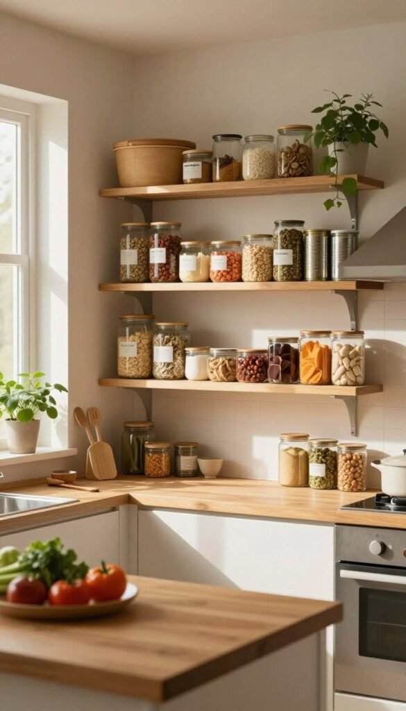 A cozy kitchen scene filled with neatly organized shelves featuring an array of dry goods and canned ingredients, emphasizing the concept of minimalism and efficient meal prep. In the foreground, a wooden countertop displays a few fresh vegetables and simple cooking tools, suggesting quick, wholesome recipes. The middle ground highlights a beautifully arranged pantry labeled "Ordnungskiste," showcasing a variety of easily accessible ingredients. Soft, natural lighting filters in through a window, casting warm shadows and creating an inviting atmosphere. The background features soft green plants and warm, earthy tones that enhance the cozy vibe. Overall, the mood is calm, practical, and inspiring, perfect for anyone looking to streamline their cooking with limited ingredients.