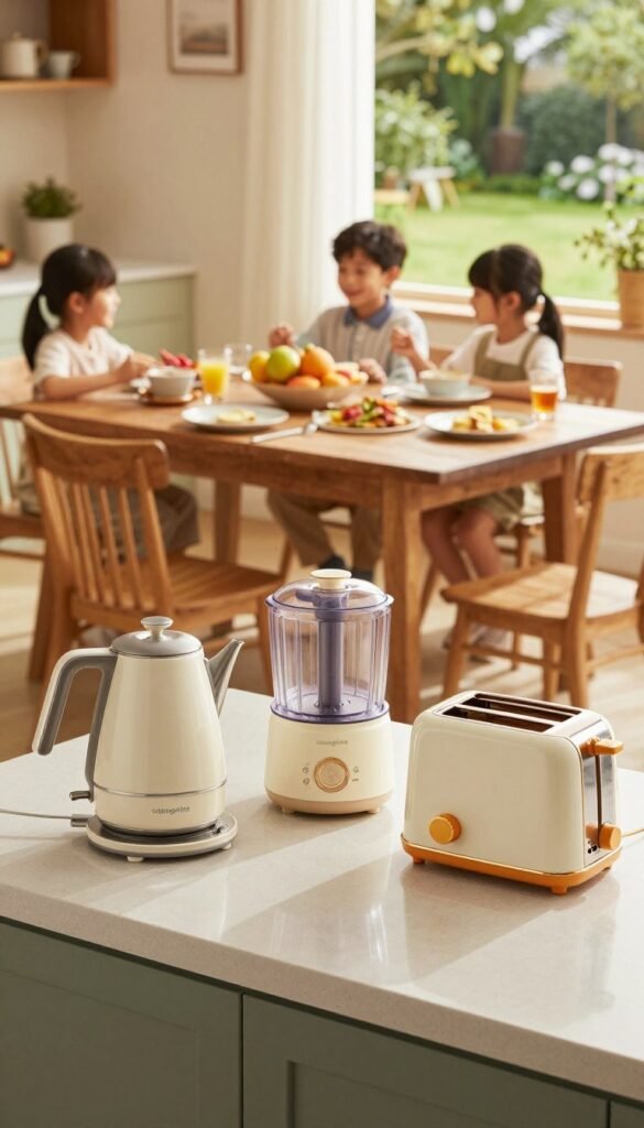 A cozy kitchen scene filled with small, efficient electrical helpers that save time for families. In the foreground, a stylish countertop showcases a sleek Ordnungskiste electric kettle, a compact food processor, and a modern toaster, all with warm, inviting colors. The midground features a rustic wooden dining table set for a family meal, surrounded by elegant kitchenware and vibrant fruit bowls. In the background, a sunlit window reveals a glimpse of a garden, enhancing the natural feel of the space. The lighting is soft and warm, creating a comforting atmosphere, reminiscent of a Pinterest-worthy home. The image captures a harmonious blend of functionality and aesthetic appeal, emphasizing the convenience these small appliances bring to family life.