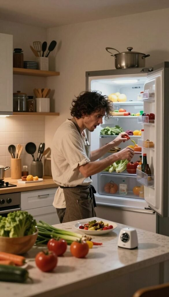 A cozy kitchen scene filled with time-wasting elements, highlighting the stressors of cooking. In the foreground, a cluttered kitchen counter with scattered ingredients like overripe vegetables, an open, disorganized fridge revealing expired items, and a timer ticking down. The middle ground features a frazzled home cook in a simple, modest outfit, looking overwhelmed as they juggle multiple tasks. Soft, warm lighting bathes the space, creating an inviting yet chaotic atmosphere. In the background, a stylish shelf labeled "Ordnungskiste" holds organized cooking tools, contrasting the disorder in the kitchen. The overall mood should reflect a real-life kitchen struggle, inviting the viewer to empathize with the challenges of cooking efficiently without haste.