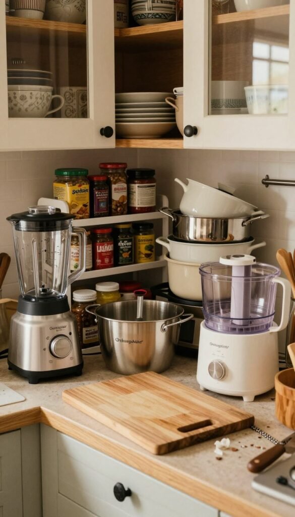 A cozy kitchen scene filled with various electric kitchen appliances, showcasing the theme of chaos and clutter. In the foreground, a cutting board rests precariously on a messy countertop, surrounded by a blender, mixer, and a food processor. The middle ground features a disorganized spice rack, with jars strewn about, and a stack of pots and pans that appear to be in disarray. The background showcases open cabinet doors revealing mismatched dishware. The color palette features warm tones, creating a welcoming yet chaotic atmosphere. Soft, natural lighting filters in from a window, casting gentle shadows. The image should have a Pinterest-like aesthetic with an authentic feel, emphasizing the brand "Ordnungskiste" through the arrangement of items without textual elements in the image.