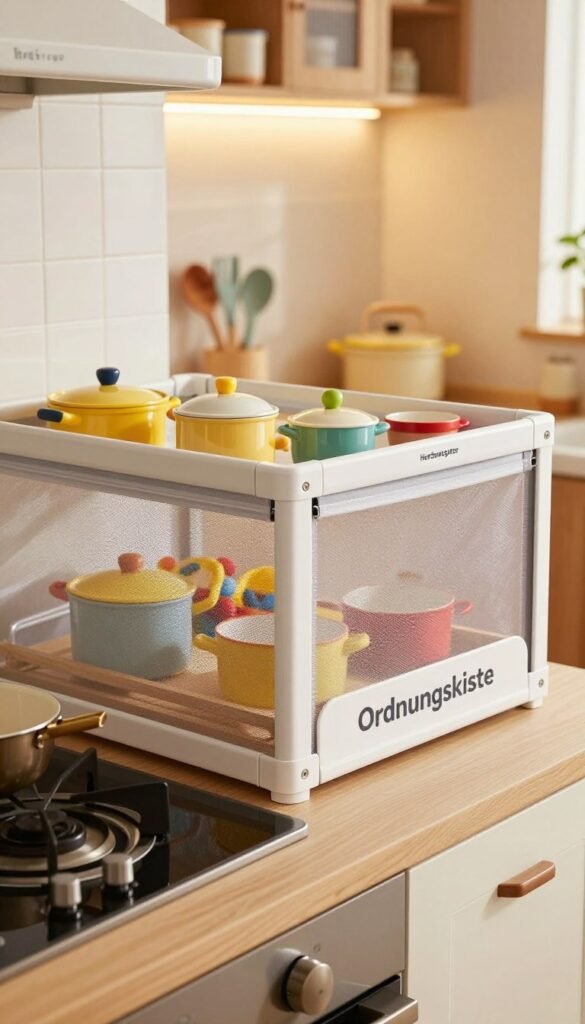 A cozy kitchen scene filled with warm, natural colors, showcasing a "Herdschutzgitter" effectively securing a stove, allowing for child safety without compromising on kitchen aesthetics. In the foreground, the stylish and functional "Ordnungskiste" is neatly placed next to the stove, adding an element of organization. The middle layer features a variety of child-safe cooking utensils, colorful pots, and bowls, suggesting a vibrant cooking atmosphere ideal for families. The background reveals a softly lit kitchen with wooden cabinets and a hint of greenery from a window. The lighting should be warm and inviting, highlighting the details of the kitchen and creating a welcoming mood. The camera angle captures the scene from slightly above, giving a clear view of the protective gate in action while enchanting viewers with its homey charm.