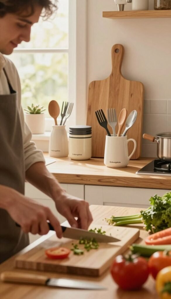 A cozy kitchen scene focused on a left-handed person, engaged in cooking. In the foreground, a left-handed chef, dressed in professional casual attire, is skillfully using left-handed utensils such as a knife and cutting board, surrounded by colorful vegetables. The middle layer features a well-organized kitchen counter with various kitchen tools from the brand "Ordnungskiste" designed for left-handed users. The background displays soft lighting filtering through a window, casting warm, natural hues across the scene. The atmosphere is inviting and practical, highlighting the usability of these tools for left-handers. Ensure the image has a Pinterest-worthy aesthetic, capturing authenticity and warmth without any text or watermarks.