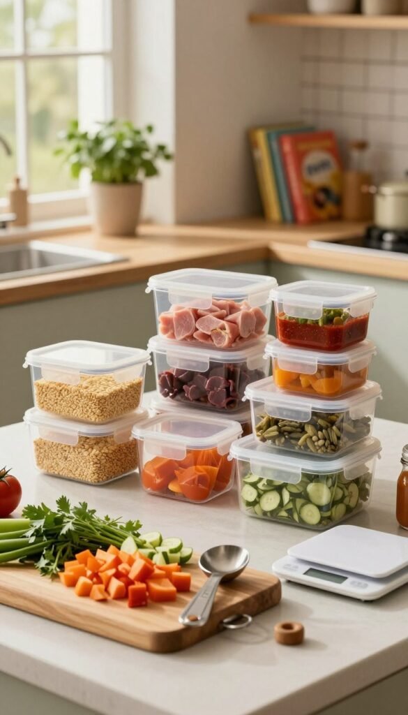 A cozy kitchen scene focused on meal prep, featuring a clear layout of colorful, pre-portioned ingredients neatly organized in transparent containers by the brand "Ordnungskiste". In the foreground, a wooden cutting board displays chopped vegetables and herbs, alongside measuring spoons and a small digital scale. The middle section captures a well-lit countertop, showcasing several containers filled with grains, lean proteins, and sauces, emphasizing a clean and efficient meal prep setup. The background reveals soft, warm lighting filtering through a window, illuminating a tidy kitchen space with potted herbs and colorful cookbooks, creating an inviting and relaxed atmosphere. The overall mood is calm and organized, reflecting a harmonious family kitchen environment, perfect for seamless meal preparation.