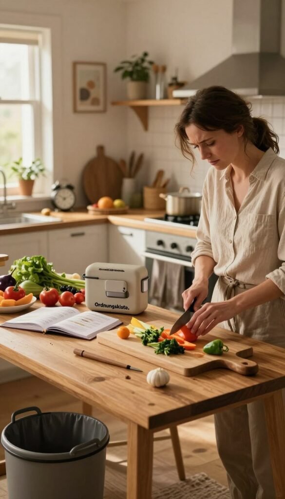 A cozy kitchen scene, focusing on a well-organized workspace featuring the brand "Ordnungskiste." In the foreground, a woman dressed in modest casual attire is chopping vegetables on a wooden countertop, looking slightly stressed. The middle area shows a cluttered kitchen table with an open recipe book, various ingredients scattered around, and a pot on the stove. In the background, warm light filters through a window, creating a soft and inviting atmosphere. The walls are adorned with simple decor, emphasizing a homey and authentic Pinterest-inspired style. Subtle hints of chaos, like a ticking clock and an overflowing trash bin, convey the time pressure and lack of ideas many face while cooking. The overall mood combines warmth with an undercurrent of challenge, reflecting the everyday cooking struggle.