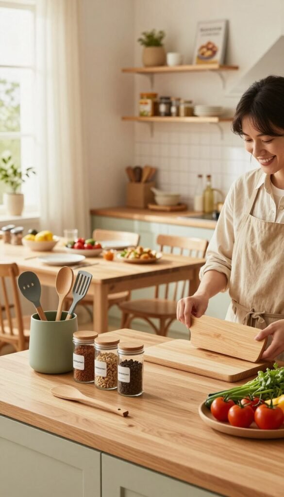 A cozy kitchen scene highlighting "Ordnungskiste" products that promote stress-free cooking preparations. In the foreground, a wooden countertop displays neatly organized kitchen tools, spices in labeled jars, and fresh vegetables artistically arranged. A cheerful person in a casual outfit, smiling and holding a cutting board, appears focused on meal prep. The middle ground features an inviting dining table set for a meal, with warm, natural lighting filtering through a window. In the background, simple shelves showcase organized pantry items and cookbooks, enhancing the atmosphere of calm and order. The overall mood is warm and inviting, with soft colors and a Pinterest-inspired aesthetic, evoking a sense of relaxation and efficiency in the kitchen.