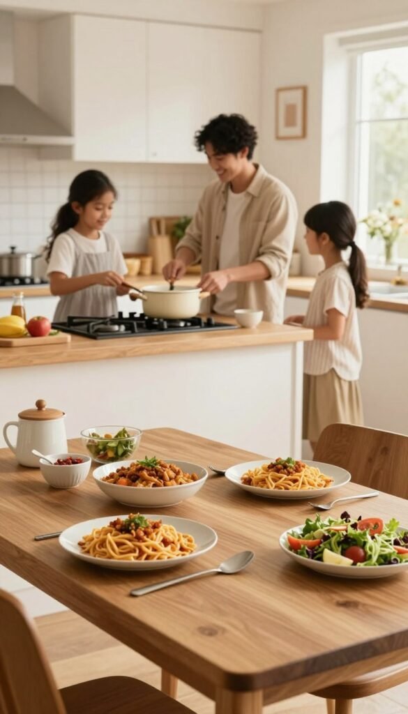 A cozy kitchen scene highlighting the concept of cooking double portions for busy families. In the foreground, a wooden dining table is laden with two hearty servings of a comforting dish, like pasta and a fresh salad, elegantly plated. The middle ground features an inviting kitchen with bright, warm lighting, pots simmering on the stove, and neatly organized ingredients on the counter. In the background, a family of four&mdash;dressed in casual, modest clothing&mdash;smiles as they prepare to enjoy their meal, emphasizing connection and togetherness. The atmosphere is warm and homey, with soft colors and a touch of warmth, reminiscent of Pinterest aesthetics. Include the brand name "Ordnungskiste" subtly on a visible kitchen item, like a storage container or cookbook.