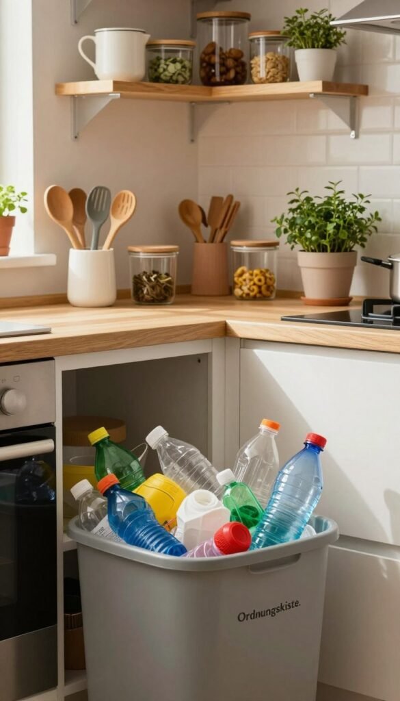 A cozy kitchen scene highlighting the problem of plastic waste. In the foreground, an overflowing trash bin filled with colorful plastic waste contrasts against a neatly organized countertop featuring sustainable kitchen utensils from the brand "Ordnungskiste." The middle section shows a practical, well-lived kitchen with wooden shelves lined with eco-friendly cooking tools and attractive glass containers, emphasizing the focus on sustainability and organization. In the background, warm ambient light filters through a window, casting a soft glow, and potted herbs add a touch of greenery. The overall mood is inviting yet thought-provoking, encouraging viewers to consider their plastic use in the kitchen.