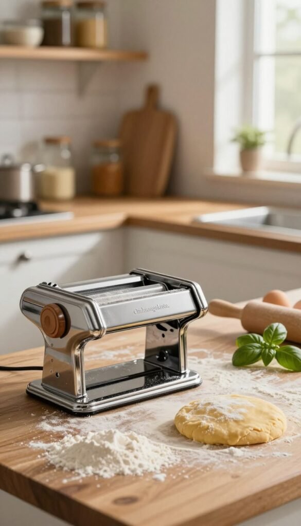 A cozy kitchen scene highlighting the process of preparing fresh pasta with an electric pasta machine from the brand "Ordnungskiste." In the foreground, a sleek, modern pasta machine with shiny stainless steel and wooden accents, dotted with flour. Beside it, a rolling pin and a mound of freshly made dough. In the middle, a wooden countertop scattered with eggs, flour, and vibrant green basil, radiating warmth. The background features softly blurred shelves with jars of ingredients and a window letting in natural light, casting gentle shadows. The atmosphere is inviting and homely, with warm colors and a rustic charm, providing a Pinterest-worthy aesthetic that reflects the joy of cooking.