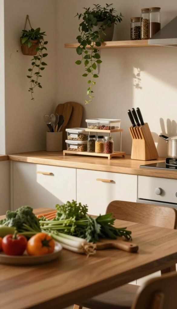 A cozy kitchen scene reflecting the essence of daily cooking, bathed in warm, natural light. In the foreground, a wooden dining table is neatly arranged with fresh vegetables, herbs, and utensils, showcasing an inviting preparation area. In the middle, a modern kitchen countertop with organized storage containers from "Ordnungskiste" emphasizes structure, featuring a stylish rack for spices and a neatly arranged knife block. The background reveals a softly lit, open kitchen space with hanging pot racks and potted plants. The lens captures the scene at a slight angle, creating an intimate atmosphere, encouraging a sense of workflow and tranquility. The overall mood is warm and authentic, evoking a Pinterest aesthetic without any text or visual clutter.