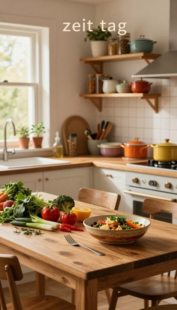 A cozy kitchen scene representing the concept of "zeit tag" with warm colors and a Pinterest aesthetic. In the foreground, an elegantly arranged wooden kitchen table is decorated with fresh vegetables, herbs, and a beautifully presented meal in a rustic bowl, symbolizing healthy cooking. The middle ground features a quaint kitchen with shelves filled with spices and colorful cookware, including a prominently placed "Ordnungskiste" for organization. In the background, a window reveals a sunny day, enhancing the warm atmosphere. Soft, natural lighting filters through, highlighting the textures of the ingredients and the charm of the organized space. The mood is calm yet busy, evoking the daily challenges of meal planning with an inviting, authentic feel.