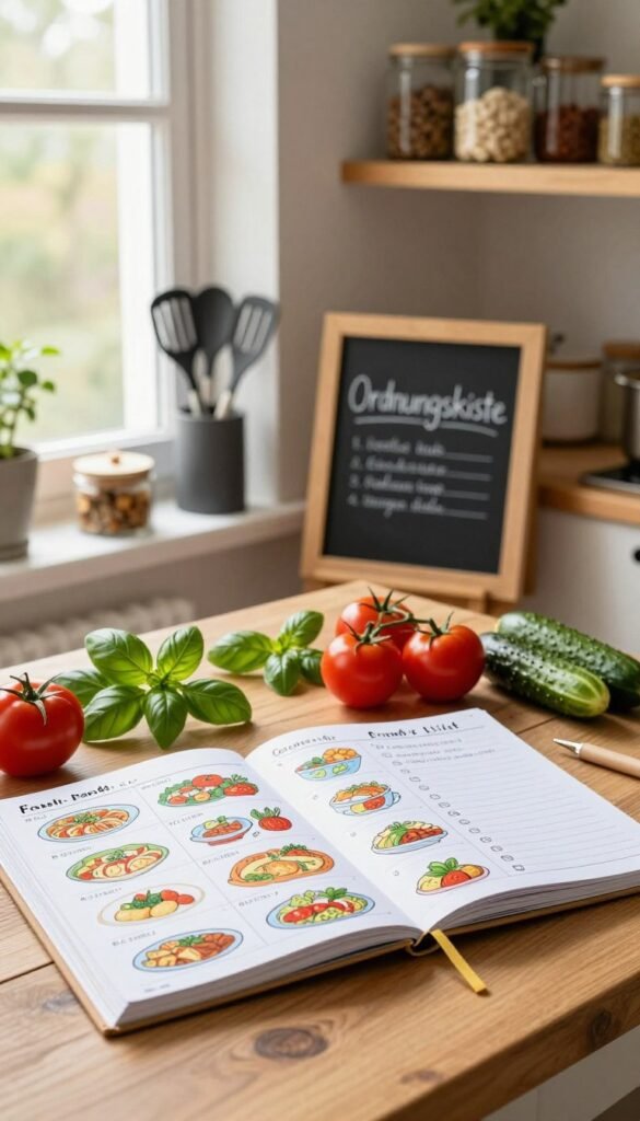 A cozy kitchen scene showcasing a beautifully arranged meal-planning setup. In the foreground, a wooden table displays an open planner with colorful weekly meal ideas, alongside a neatly organized grocery list. Fresh vegetables and herbs, like tomatoes, cucumbers, and basil, are artistically spread around the planner. In the middle, a sunny window casts warm light over the scene, illuminating a charming chalkboard with the brand name "Ordnungskiste," and a couple of cooking utensils. In the background, blurred shelves filled with neatly labeled jars and cookbooks add to the organized ambiance. The overall mood is inviting and calm, designed to inspire family-friendly meal planning, with a natural, Pinterest-style aesthetic and warm colors.