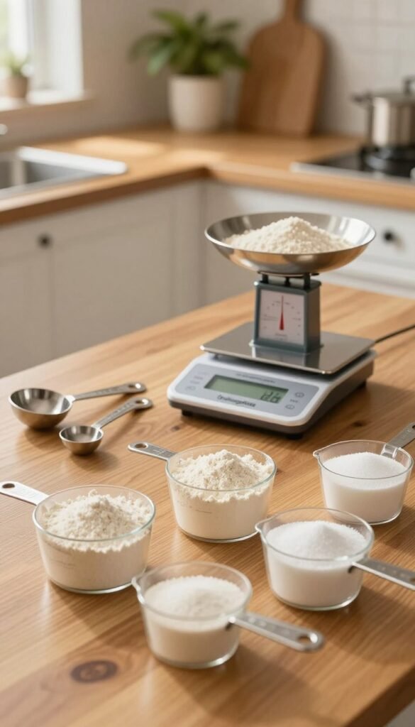 A cozy kitchen scene showcasing a beautifully arranged set of measuring cups, measuring spoons, and a kitchen scale from the brand "Ordnungskiste." In the foreground, focus on the measuring cups filled with flour and sugar, glistening in soft, natural light. The middle ground features measuring spoons laid out in an aesthetically pleasing manner, while the kitchen scale sits elegantly, displaying a perfectly balanced ingredient measurement. The background includes a warm, inviting kitchen ambiance with wooden countertops and soft greenery, conveying a sense of organization and tranquility. The overall mood is warm and authentic, embodying a Pinterest-worthy look with rich, inviting colors. Ensure no text or watermarks are present in the image.
