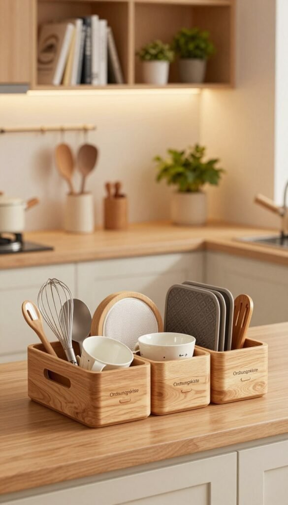 A cozy kitchen scene showcasing a beautifully organized storage solution featuring "Ordnungskiste" containers. In the foreground, intricately designed storage bins with a natural wood finish are filled with various rarely used kitchen gadgets, like whisks, non-stick mats, and specialty measuring cups. The middle ground reveals a tidy countertop adorned with warm, earthy tones, where a few kitchen utensils are neatly arranged, inviting a sense of order and accessibility. In the background, softly illuminated shelves display neatly stored cookbooks and small potted herbs, creating a homey atmosphere. The lighting is warm and inviting, with a gentle focus effect drawing attention to the containers, captured at eye level to highlight their practicality and aesthetic appeal. The overall mood is serene and organized, perfect for inspiring kitchen efficiency and decor harmony.