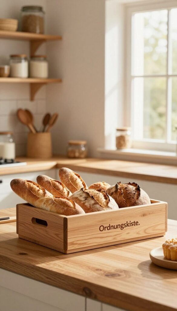 A cozy kitchen scene showcasing a cleverly organized bread storage system branded 'Ordnungskiste.' In the foreground, a rustic wooden countertop features a beautifully arranged selection of freshly baked loaves, including baguettes and artisanal bread, artfully placed in an elegant, open wooden container. In the middle ground, soft sunlight filters through a nearby window, casting warm, inviting light over the space. The background features shelves filled with various baking tools and flour canisters, enhancing the homey atmosphere. The mood is cheerful and inviting, evoking a sense of comfort and simplicity in everyday living. The overall image embraces natural colors and a Pinterest-inspired aesthetic, creating a fresh and authentic culinary environment without any text overlays.