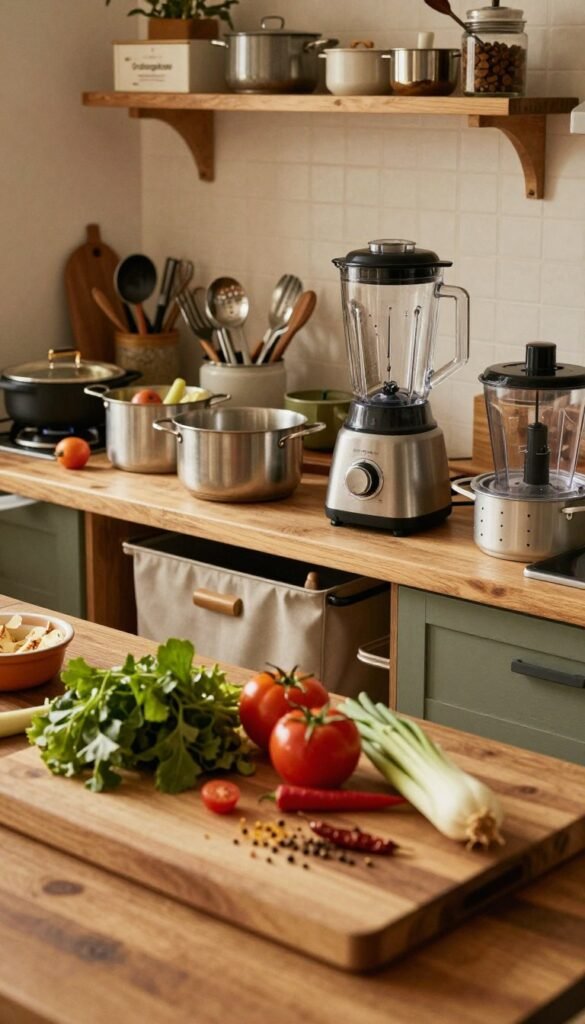 A cozy kitchen scene showcasing a crowded countertop filled with various cooking gadgets, but noticeably missing essential appliances like a blender or a food processor. The foreground features a beautiful wooden cutting board with fresh vegetables and spices, creating a natural and inviting atmosphere. In the middle ground, there's a kitchen island cluttered with utensils, pots, and pans, while the background displays soft, warm lighting that enhances the space&rsquo;s rustic charm. The design reflects a Pinterest-worthy aesthetic with a &ldquo;Ordnungskiste&rdquo; brand storage box subtly placed on a shelf, emphasizing organization. The mood is warm and inviting, highlighting the irony of a kitchen that, despite being cluttered, lacks the necessary tools for efficient cooking.