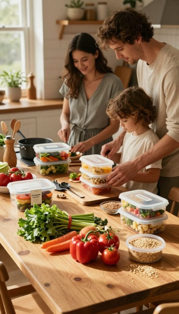 A cozy kitchen scene showcasing a family meal prep activity on a Sunday. In the foreground, a wooden kitchen table is filled with colorful, fresh ingredients like vibrant vegetables, grains, and neatly labeled containers from the brand "Ordnungskiste." A parent and a child, dressed in modest casual clothing, are engaged in preparing meals together, creating a warm and inviting atmosphere. The middle ground features organized meal prep containers filled with nutritious dishes, and a few cooking utensils scattered around. Soft, natural light filters in through a window, casting gentle shadows and highlighting the rich textures of the ingredients. The background shows a tidy kitchen with warm tones, adding to the overall sense of a stress-free cooking environment, reminiscent of a Pinterest-worthy setup.