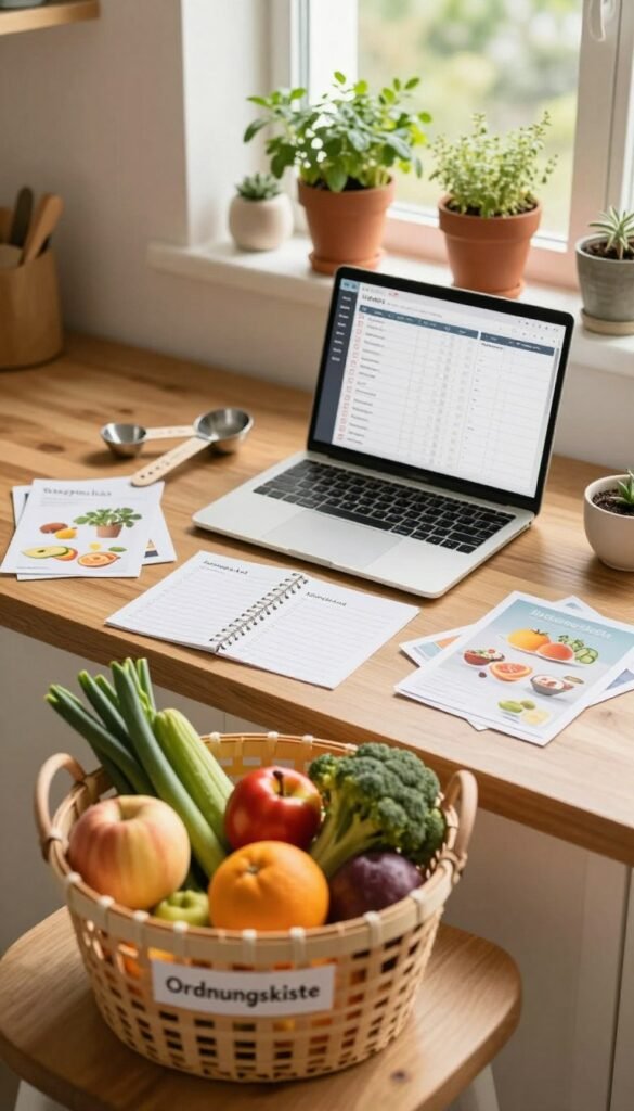 A cozy kitchen scene showcasing a neatly organized shopping list and a variety of fresh ingredients spread across a wooden countertop. In the foreground, a well-designed basket labeled "Ordnungskiste" is filled with colorful fruits and vegetables, emphasizing minimalist shopping and planning. The middle ground features a laptop open to a digital meal planner, surrounded by measuring spoons and recipe cards, highlighting the essence of efficiency in cooking. In the background, soft natural light streams through a window, casting warm hues on potted herbs lining the sill. The atmosphere is inviting and functional, with a Pinterest-inspired aesthetic that evokes a sense of warmth and organization without any text or distractions, making the cooking process simpler and more enjoyable.