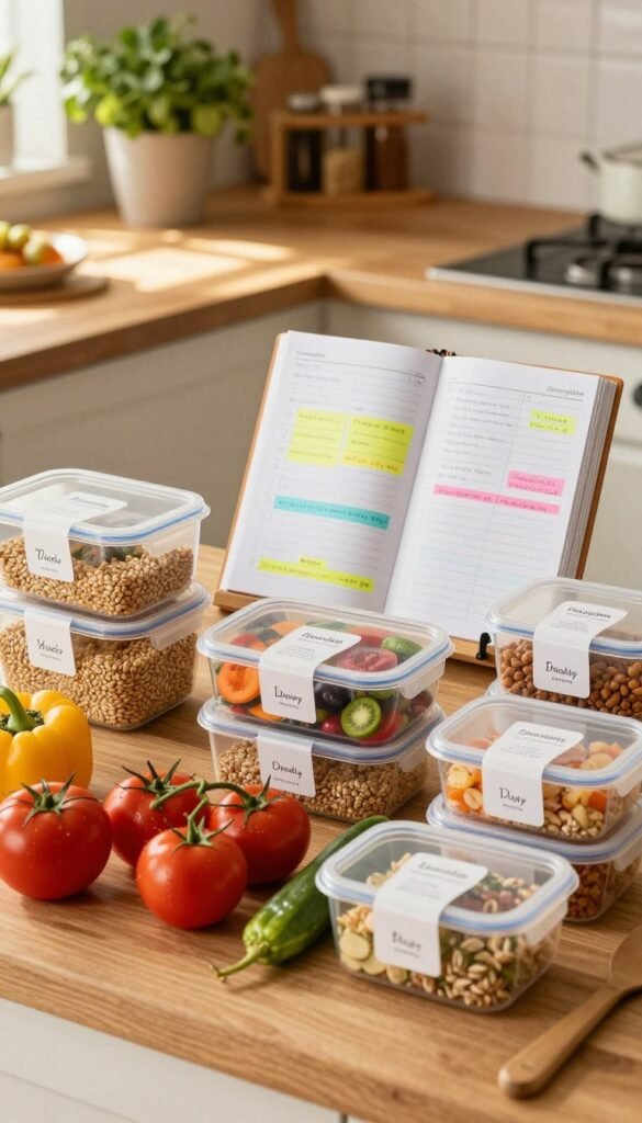 A cozy kitchen scene showcasing a practical weekly meal prep structure. In the foreground, a neatly organized kitchen counter filled with vibrant fresh vegetables, grains, and meal prep containers labeled for different days of the week. In the middle ground, an open planner with colorful notes and recipes, highlighted under warm, natural lighting. The background features a charming wooden table with potted herbs and a spice rack, enhancing the inviting atmosphere. The image should exude a sense of motivation and efficiency, with a subtle, homely feel, avoiding any clutter. The brand name "Ordnungskiste" subtly integrated into the scene, promoting a seamless flow in meal planning. The overall look should have a Pinterest-worthy aesthetic, with warm colors and an authentic vibe, free of any text or logos.