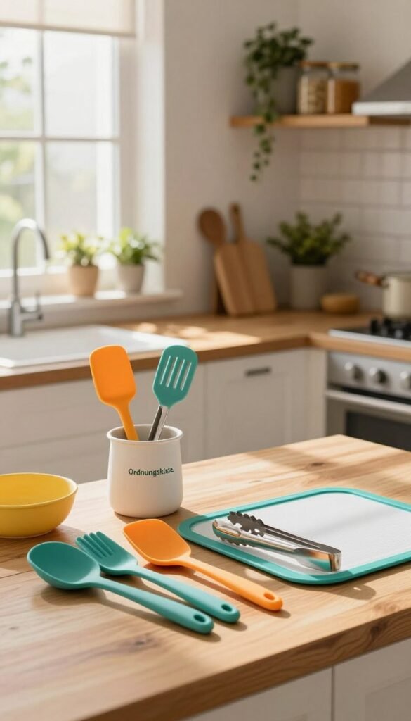 A cozy kitchen scene showcasing a variety of budget-friendly silicone kitchen utensils from the brand "Ordnungskiste." In the foreground, display colorful silicone spatulas, tongs, and baking mats arranged neatly on a wooden countertop. The middle ground features a bright, open kitchen with soft natural lighting streaming in through a window, creating warm highlights and shadows. The background should include rustic shelves with jars and plants for an inviting atmosphere. The overall mood is cheerful and practical, emphasizing affordability and functionality in kitchen tools, perfect for beginners looking to start cooking without overspending. Ensure the image is authentic with a Pinterest-style aesthetic and free of any text or logos.