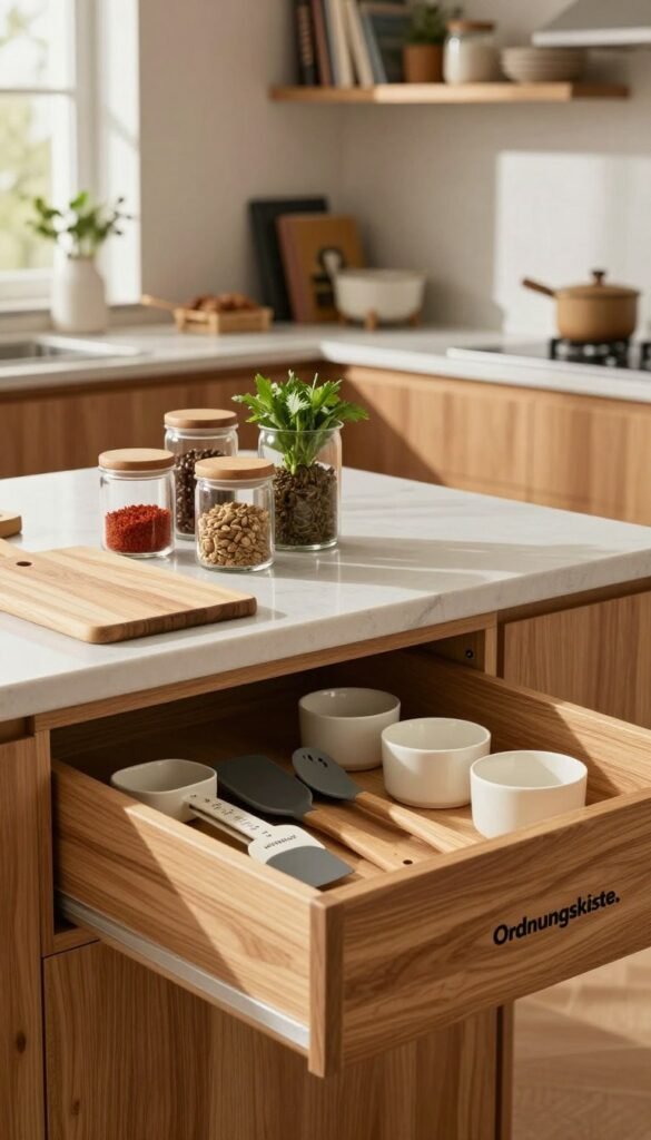 A cozy kitchen scene showcasing a variety of essential kitchen gadgets and tools branded "Ordnungskiste." In the foreground, beautifully arranged kitchen utensils, including cutting boards, measuring cups, and spatulas, are neatly organized in a wooden drawer. The middle ground features a modern countertop with stylish containers holding spices and fresh herbs, creating an inviting and practical atmosphere. The background reveals warm-toned cabinetry and shelves filled with cookbooks and decorative items, enhancing the kitchen's charm. Soft, natural lighting filters through a window, casting gentle shadows and highlighting the textures of the materials. The overall mood is warm, inviting, and organized, reflecting thoughtful purchase criteria that make a difference in kitchen helpers.