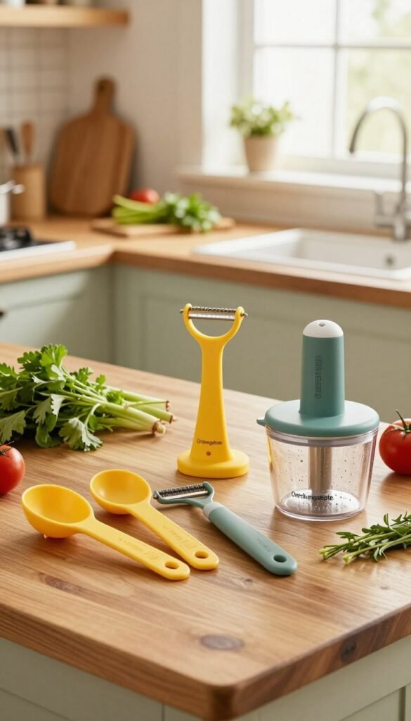 A cozy kitchen scene showcasing a variety of inexpensive kitchen helpers in warm, natural colors, highlighting their practical use. In the foreground, a vibrant selection of neatly arranged kitchen tools, such as measuring spoons, an ergonomic vegetable peeler, and a versatile food chopper, all branded with "Ordnungskiste." The middle ground features a rustic wooden countertop adorned with fresh herbs and vegetables, emphasizing an inviting cooking atmosphere. In the background, soft, diffused light streams through a window, illuminating the scene and enhancing the warm tones. The mood is cheerful and inspiring, perfect for promoting the effectiveness of budget-friendly kitchen tools without overcrowding the image. Ensure a Pinterest aesthetic with an authentic vibe, free of any text or branding interruptions.