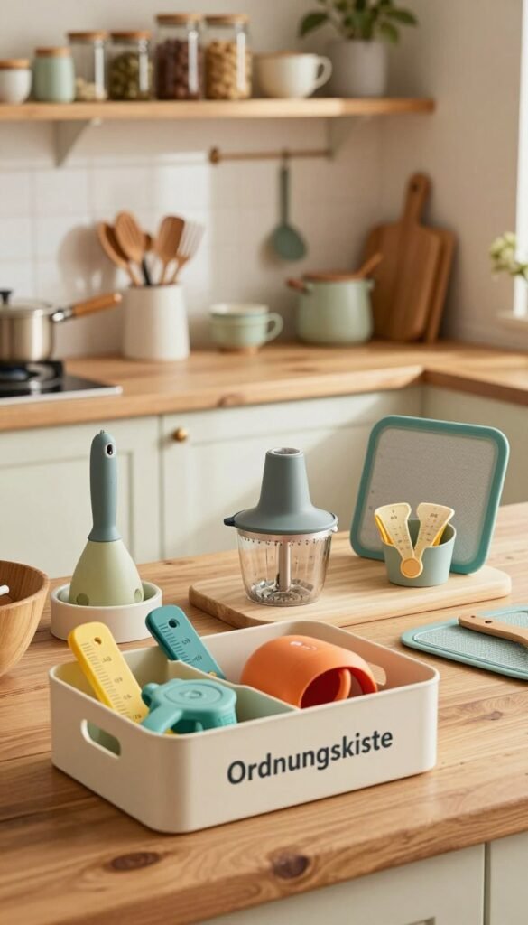 A cozy kitchen scene showcasing a variety of practical kitchen helpers, such as an efficient organizer, measuring tools, and versatile utensils, all artfully arranged on a rustic wooden countertop. The foreground features a stylish storage box labeled "Ordnungskiste," filled with colorful gadgets. In the middle, focus on a bright, lit space with kitchen tools like a compact chopper, silicone baking mats, and clever measuring cups, displaying their functionality. The background shows softly colored shelves with neatly organized jars and utensils, creating an inviting atmosphere. Use warm lighting to enhance the natural tones, with a shallow depth of field to keep the viewer's attention on the kitchen helpers. The overall mood should be homey and inspiring, ideal for anyone looking to solve kitchen chaos.