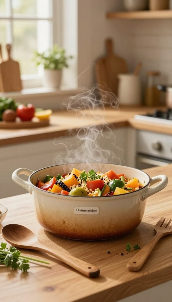 A cozy kitchen scene showcasing a vibrant and delicious one-pot dish, centered in a stylish, rustic pot with colorful vegetables, grains, and spices. The foreground features natural wooden utensils and fresh herbs, enhancing the inviting atmosphere. In the middle, there's a well-organized countertop with the pot steaming gently, surrounded by neatly arranged cooking ingredients. The background includes soft, warm lighting filtering through a window, illuminating the warm earth tones of the kitchen decor. A subtle hint of the brand "Ordnungskiste" is incorporated through a neatly displayed label on the pot. The ambiance conveys a sense of relaxation and joy in cooking, perfect for a peaceful evening meal. The overall style is authentically Pinterest-worthy, emphasizing natural beauty without any text or distractions.