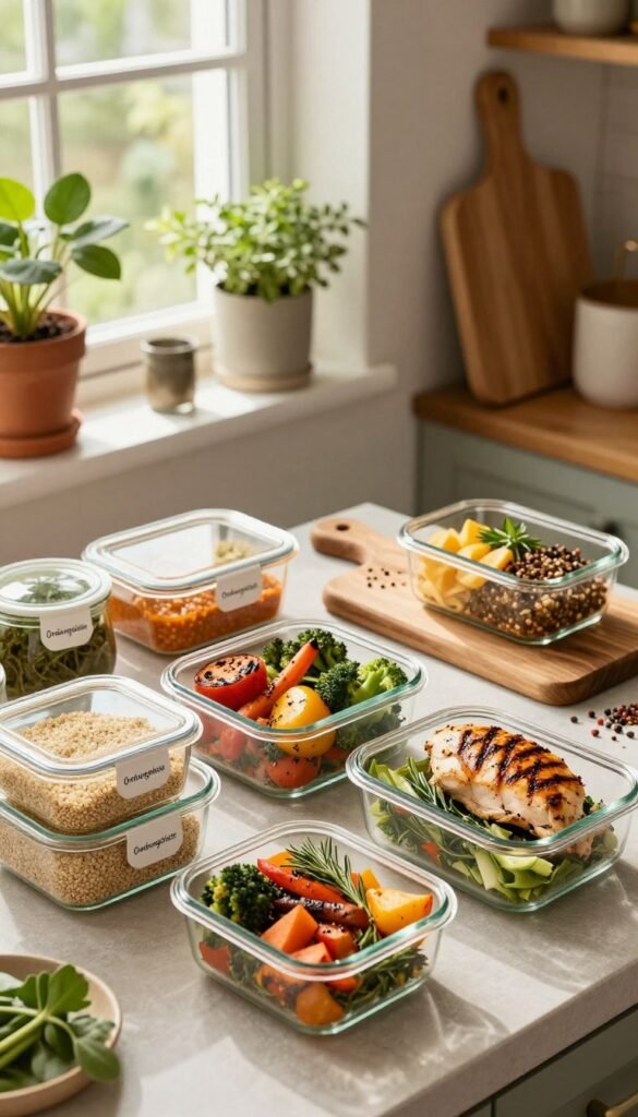 A cozy kitchen scene showcasing a vibrant meal prep setup. In the foreground, there are neatly arranged glass containers filled with colorful, fresh ingredients: quinoa, roasted vegetables, grilled chicken, and savory sauces, all labeled with chic tags. The middle features a wooden chopping board with herbs and spices scattered artistically. In the background, warm light filters through a window, highlighting plants on the windowsill and giving a natural, inviting atmosphere. The kitchen is adorned with rustic decor and the brand "Ordnungskiste" subtly displayed on a kitchen shelf. The overall mood is relaxed and organized, evoking a sense of tranquility and inspiration for stress-free cooking. Ideal shooting angle is slightly overhead to capture the full scene harmoniously.