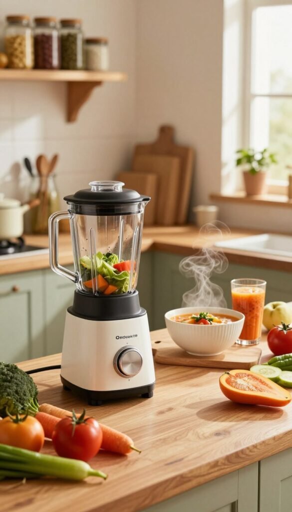 A cozy kitchen scene showcasing a wooden countertop filled with various kitchen tools, featuring an elegant Ordungskiste blender prominently in the foreground. The blender is surrounded by fresh vegetables and ripe fruits, suggesting the diversity of options from soups to smoothies. In the middle ground, a steaming bowl of vibrant soup sits next to a colorful smoothie in a glass. The background displays warm lighting from a window, highlighting the rustic kitchen decor with shelves filled with spices and cookbooks. The atmosphere is inviting and homely, with natural colors and a Pinterest-inspired aesthetic, evoking a sense of family creativity in cooking.