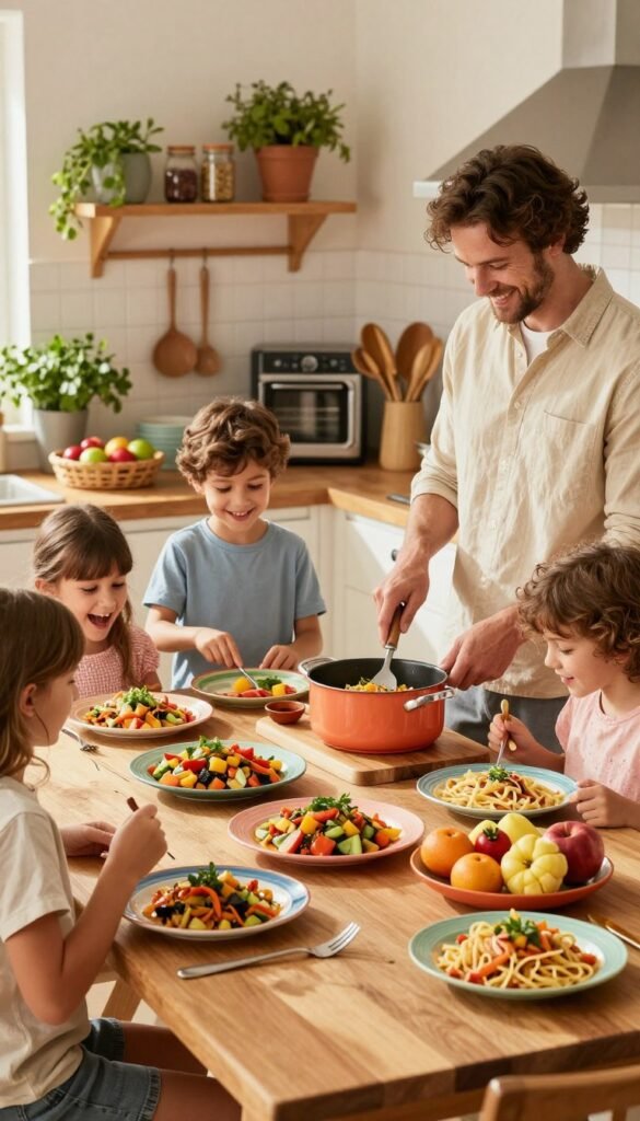 A cozy kitchen scene showcasing an assortment of quick recipe formats, designed for family-friendly meals. In the foreground, a wooden dining table is adorned with colorful, neatly arranged plates featuring vibrant dishes like vegetable stir-fry, pasta salads, and a fruit platter. The middle ground features a loving family of four, casually dressed, happily preparing a meal together&mdash;parents chopping ingredients and children stirring a pot with excitement. In the background, a warm, sunlit kitchen filled with herbs, spices, and appliances enhances the inviting atmosphere. The overall tone is authentic and warm, reminiscent of Pinterest aesthetics, with natural lighting highlighting the joyful interaction. The brand name "Ordnungskiste" is subtly incorporated through a tasteful kitchenware item.