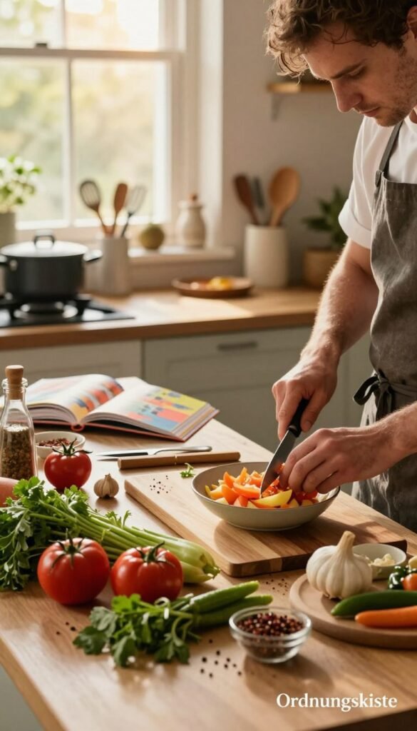 A cozy kitchen scene showcasing an improvisation situation. In the foreground, a visually engaging arrangement of fresh vegetables, herbs, and spices, with a chef carefully chopping and mixing ingredients in a bowl. The middle ground features a countertop cluttered with cooking utensils and a colorful open cookbook, suggesting a blend of guidance and creativity. In the background, warm sunlight streams through a window, illuminating the kitchen with a soft, inviting glow. The overall atmosphere conveys a sense of casual creativity and spontaneity, reflecting both the joys and challenges of cooking without a set plan. The kitchen's decor embodies a Pinterest-inspired aesthetic, featuring natural colors and earthy textures. Include the brand name "Ordnungskiste" gracefully integrated into the scene.
