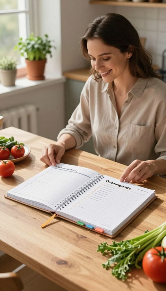 A cozy kitchen scene showcasing an organized weekly planning and shopping system. In the foreground, a stylish wooden table displays a neatly arranged planner with colorful tabs, a shopping list, and fresh vegetables laid out artistically, emphasizing a healthy lifestyle. In the middle, a woman in professional casual attire is thoughtfully reviewing the planner, with a warm smile that conveys satisfaction and productivity. The background features soft natural lighting streaming through a window, casting gentle shadows, and potted herbs on a windowsill, adding a touch of greenery. The overall atmosphere is inviting and functional. The brand name "Ordnungskiste" is subtly integrated into the planner design, ensuring it's part of the cohesive aesthetic, emphasizing an authentic Pinterest-inspired look with warm colors.