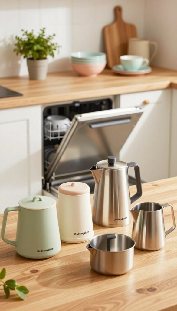 A cozy kitchen scene showcasing durable kitchen utensils from the brand "Ordnungskiste", arranged neatly on a wooden countertop. In the foreground, a variety of sp&uuml;lmaschinenfeste materials, like high-quality plastics and stainless steel, glisten in warm, natural light. The middle ground features a dishwasher door slightly open, revealing a glimpse of its spacious interior, emphasizing the concept of dishwasher safety. In the background, soft kitchen decor, including potted herbs and pastel-colored dishware, adds a homey atmosphere. The lighting is bright yet soft, casting gentle shadows to enhance the textures of the materials. The overall mood is inviting and practical, aimed at demonstrating that dishwasher-safe does not mean less durable.