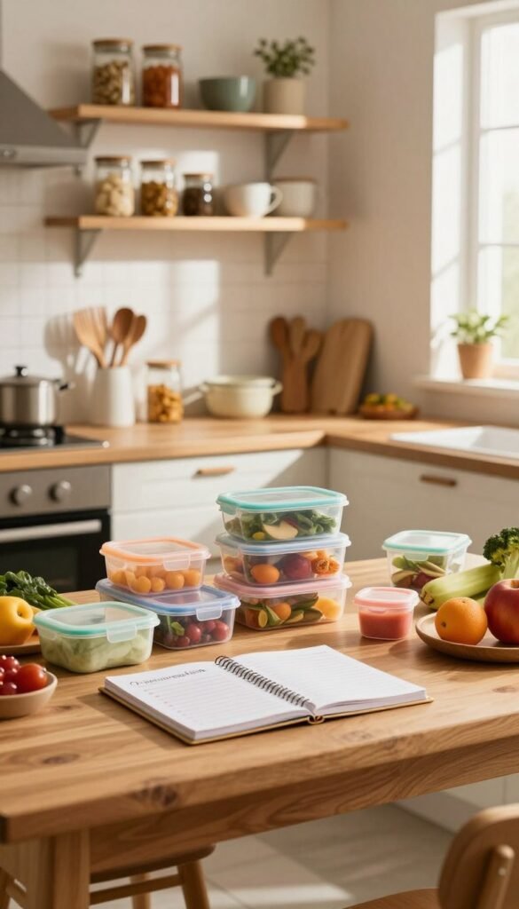 A cozy kitchen scene showcasing effective organization and planning tools. In the foreground, a beautifully arranged wooden table holds colorful meal prep containers, a planner with handwritten notes, and fresh ingredients like fruits and vegetables. The middle ground features a stylish kitchen with open shelves displaying neatly organized jars and utensils, creating a sense of order. In the background, warm sunlight filters through a window, casting soft, inviting shadows. The atmosphere is cheerful and productive, emphasizing the theme of family cooking and preparation. Include a visible branded item labeled "Ordnungskiste" among the kitchen tools, ensuring it&rsquo;s integrated naturally into the setting. The overall image has warm colors and a Pinterest-inspired aesthetic, highlighting authenticity and functionality without any text or distractions.