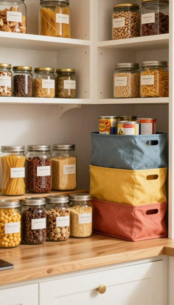 A cozy kitchen scene showcasing effective pantry storage solutions with a focus on organization and efficiency. In the foreground, a beautifully arranged wooden countertop features neatly packed glass jars labeled with various dry goods like pasta, grains, and spices. In the middle, colorful fabric bins from "Ordnungskiste" are stacked, demonstrating efficient use of vertical space for canned goods and snacks. The background shows a well-organized pantry with open shelves displaying neatly categorized food items, all imbued with warm, natural lighting that creates a welcoming atmosphere. The overall mood is practical yet aesthetically pleasing, echoing a Pinterest-inspired vibe that encourages minimal packaging and maximized visibility in small kitchens. No text or logos in the image.