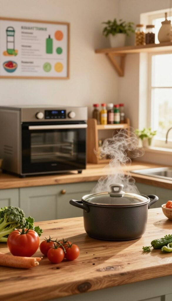 A cozy kitchen scene showcasing energy-saving tips for an oven, featuring a rustic wooden countertop filled with fresh ingredients and an energy-efficient oven in the background. The foreground displays a pot with a lid, steam rising gently, illustrating the concept of using a lid to save energy. In the middle ground, warm light streams through a window, illuminating an organized spice rack labeled "Ordnungskiste." The background includes a wall with energy-saving kitchen charts and tips subtly integrated into a beautifully arranged open shelf. The overall mood is inviting and practical, with warm colors and a Pinterest-inspired aesthetic, creating an authentic and educational atmosphere without any text or distractions.