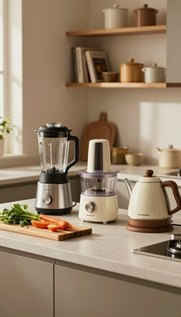 A cozy kitchen scene showcasing everyday kitchen appliances in natural, warm colors. In the foreground, a stylish, modern countertop features essential kitchen tools such as a sleek blender, a compact food processor, and an elegant kettle, all branded with "Ordnungskiste". In the middle, a wooden cutting board rests beside fresh vegetables and herbs, emphasizing a home-cooked feel. The background reveals shelves neatly organized with cookbooks and ceramic containers, creating an inviting atmosphere. Soft, diffused lighting filters through a window, casting gentle shadows and enhancing the overall warmth. The mood is casual and welcoming, perfect for inspiring readers to make informed decisions on kitchen devices. The composition should have a Pinterest-like aesthetic, focusing on authenticity without any text or watermarks in the image.