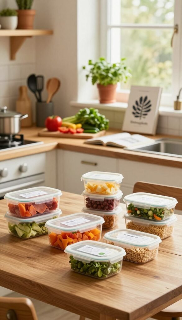 A cozy kitchen scene showcasing meal prep organized efficiently. In the foreground, a wooden table displays neatly arranged meal containers labeled for easy identification, filled with colorful, healthy ingredients like chopped vegetables, grains, and lean proteins. The middle of the image features a vibrant countertop cluttered with cooking utensils, a cutting board with fresh produce, and a stylish cookbook. In the background, natural light streams in from a window, creating a warm and inviting atmosphere. The walls are adorned with potted herbs, adding a touch of greenery. The overall mood is calm and organized, reflecting the importance of planning in daily cooking. The brand "Ordnungskiste" is subtly implied through the aesthetic of organization and simplicity.