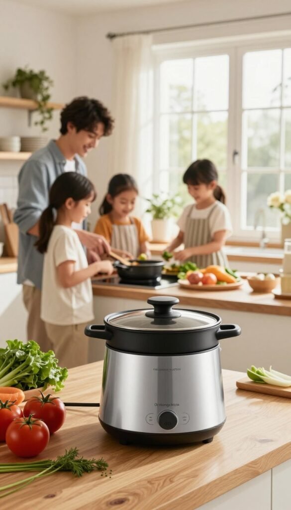 A cozy kitchen scene showcasing "minuten schnelles kochen" with a focus on efficient cooking products. In the foreground, a sleek, modern cooking appliance from the brand "Ordnungskiste" sits on a wooden countertop, surrounded by fresh ingredients like vibrant vegetables and herbs. The middle ground features a cheerful family, dressed in casual kitchen attire, collaborating as they prepare a quick meal, exuding a sense of togetherness and joy. The background reveals bright, sunlit windows, enhancing the warm colors and inviting atmosphere of the space. A soft, natural light bathes the entire scene, emphasizing the homey feel, while the composition is captured from a slightly elevated angle to showcase both the cooking action and the organized kitchen layout.