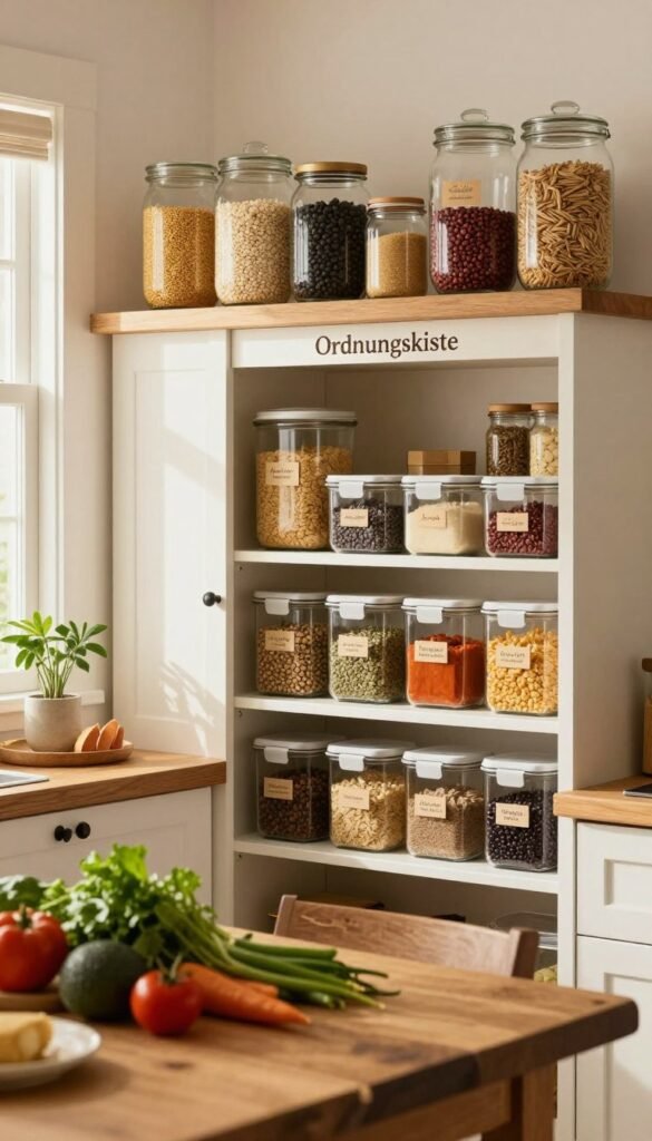 A cozy kitchen scene showcasing organized food supplies, featuring neatly stacked glass jars filled with grains, legumes, and spices on an elegant wooden shelf. In the foreground, a rustic wooden table displays fresh vegetables and herbs, giving a sense of preparation for a meal. The middle ground reveals a stylish pantry labeled "Ordnungskiste," with rows of labeled containers for easy access, all bathed in warm, inviting lighting. In the background, soft, natural light streams in from a window, enhancing the inviting atmosphere. The overall mood is calm and inspiring, encouraging efficient cooking while minimizing food waste. The image embodies a Pinterest aesthetic with authentic touches, focusing on balance and organization in the kitchen without any text or distractions.