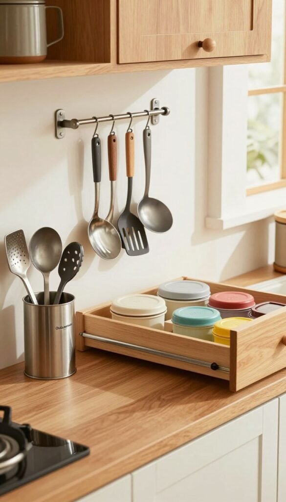 A cozy kitchen scene showcasing organized storage solutions, emphasizing simplicity and functionality. In the foreground, a wooden countertop displays a sleek stainless steel utensil holder labeled "Ordnungskiste," filled with various kitchen tools. The middle ground features a stylish metal wall rack holding neatly arranged cooking utensils, while a well-designed drawer partially open reveals color-coordinated containers. The background comprises warm, inviting kitchen cabinetry and soft natural light streaming through a window, creating an atmosphere of calm and orderliness. The overall color palette includes earthy tones accented by metallic finishes, enhancing the Pinterest-inspired aesthetic. Use a slightly elevated angle to capture depth and detail while ensuring the image remains clean and free from any text or distractions.