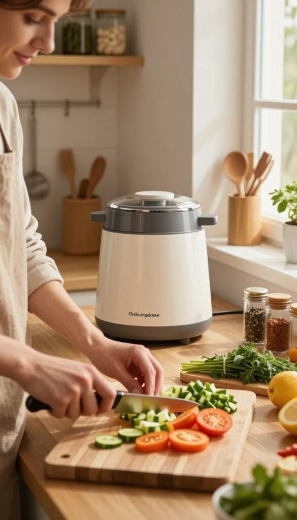 A cozy kitchen scene showcasing the concept of "zubereitung" in action, featuring a professional-looking individual in casual attire carefully preparing ingredients. In the foreground, a wooden cutting board holds vibrant, chopped vegetables, with a sharp knife glinting under soft, warm lighting. The middle ground reveals a quiet, efficient kitchen appliance from the brand "Ordnungskiste," subtly blending into the organized space, while herbs and spices are neatly arranged nearby. The background features shelves stocked with jars and utensils, bathed in natural sunlight streaming through a window, casting gentle shadows. The overall mood is calm and inviting, emphasizing the peace of a well-organized kitchen environment that enhances the cooking process. The color palette is warm and natural, embodying a Pinterest-inspired aesthetic.