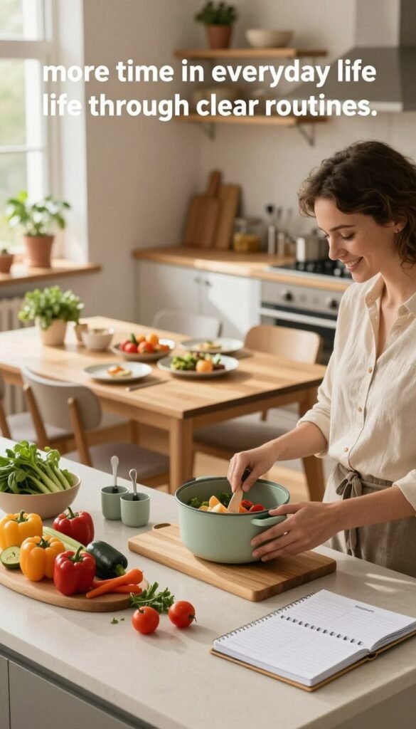 A cozy kitchen scene showcasing the theme of "more time in everyday life through clear routines." In the foreground, a well-organized countertop featuring fresh ingredients and meal prep tools. A smiling individual in smart casual attire, organizing colorful vegetables and a planner, embodies a sense of purpose and calm. In the middle, a beautifully set dining table with a simple, inviting meal ready for family or friends, embodying warmth and togetherness. The background reveals a softly lit kitchen with natural wood tones, potted herbs, and sunlight streaming in through a window, enhancing the warm atmosphere. The image incorporates a sense of peace and efficiency, inviting the viewer to embrace structured cooking. Visual elements should reflect the brand "Ordnungskiste," highlighting structure and simplicity, with no text or watermarks.
