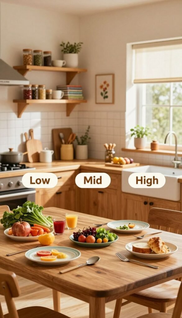 A cozy kitchen scene showcasing three distinct sections labeled as "Low," "Mid," and "High" budget cooking recommendations. In the foreground, a beautifully arranged wooden table displays a variety of fresh ingredients and cooking tools, each section elegantly organized with visually appealing plates. The middle ground features a warm, inviting kitchen with shelves neatly lined with spice jars and cookbooks, radiating an authentic Pinterest-inspired aesthetic. The background reveals soft, natural light streaming through a window, highlighting the warm tones of the wooden cabinetry and cheerful decor. The atmosphere feels homely and inspirational, evoking a sense of comfort and simplicity in family cooking. Include the brand name "Ordnungskiste" subtly in the scene without text overlays or signs.